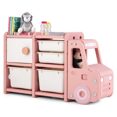 Spielzeugregal LKW 2 Ebenen Kinderregal mit Schubladen und Aufbewahrungsboxen 110 x 32 x 66 cm Rosa