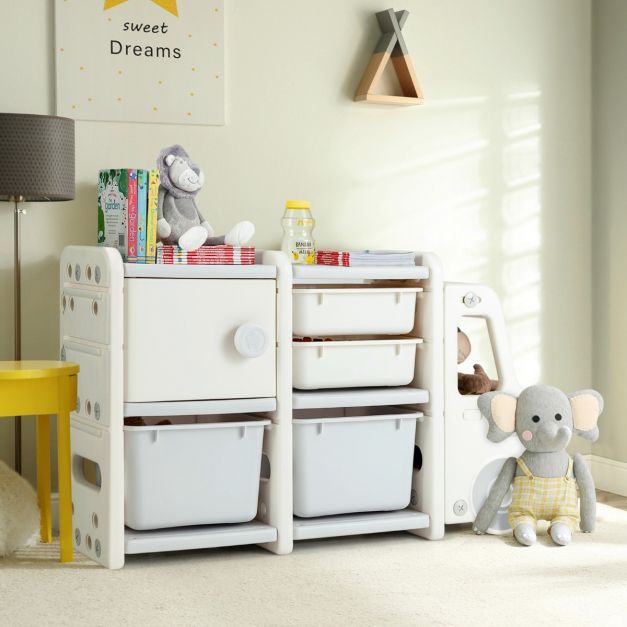 Spielzeugregal LKW 2 Ebenen Kinderregal mit Schubladen und Aufbewahrungsboxen 110 x 32 x 66 cm weiss