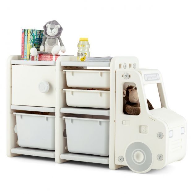 Spielzeugregal LKW 2 Ebenen Kinderregal mit Schubladen und Aufbewahrungsboxen 110 x 32 x 66 cm weiss