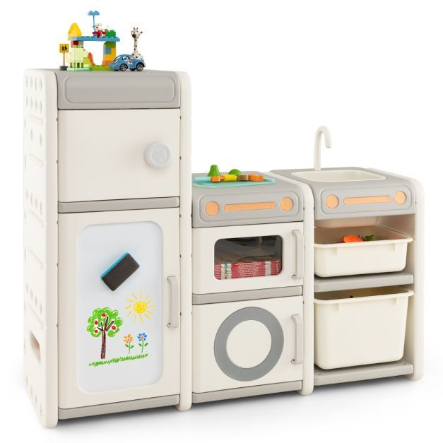 Kinder Spielzeugschrank / Kinderküche mit Magnetischem Whiteboard &amp; Abnehmbarem Waschbecken &amp; Wasserhahn