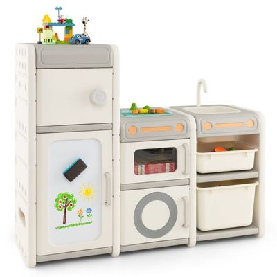 Kinder Spielzeugschrank / Kinderküche mit Magnetischem Whiteboard &amp; Abnehmbarem Waschbecken &amp; Wasserhahn
