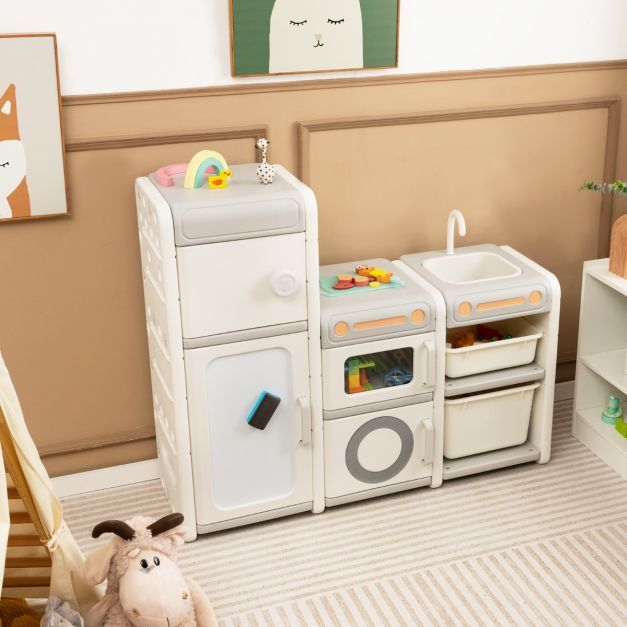 Kinder Spielzeugschrank / Kinderküche mit Magnetischem Whiteboard & Abnehmbarem Waschbecken & Wasserhahn