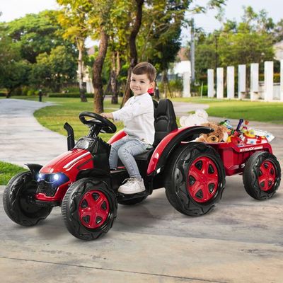 Elektro-Traktor mit 2,4G Fernbedienung &amp; Abnehmbarem Anhänger Aufsitztraktor für Kinder rot