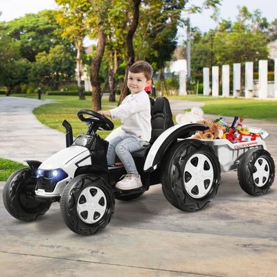 Elektro-Traktor mit 2,4G Fernbedienung & Abnehmbarem Anhänger Aufsitztraktor für Kinder weiss