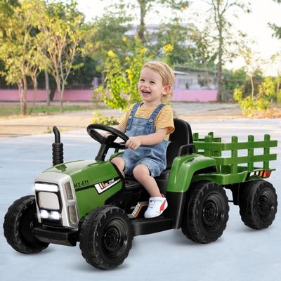 12V 3-Gang Traktor mit Abnehmbarem Anhänger & 2,4G Fernbedienung Kinder Aufsitztraktor grün