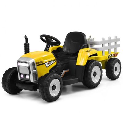 12V 3-Gang Traktor mit Abnehmbarem Anhänger &amp; 2,4G Fernbedienung Kinder Aufsitztraktor gelb