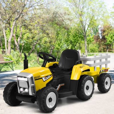 12V 3-Gang Traktor mit Abnehmbarem Anhänger & 2,4G Fernbedienung Kinder Aufsitztraktor gelb