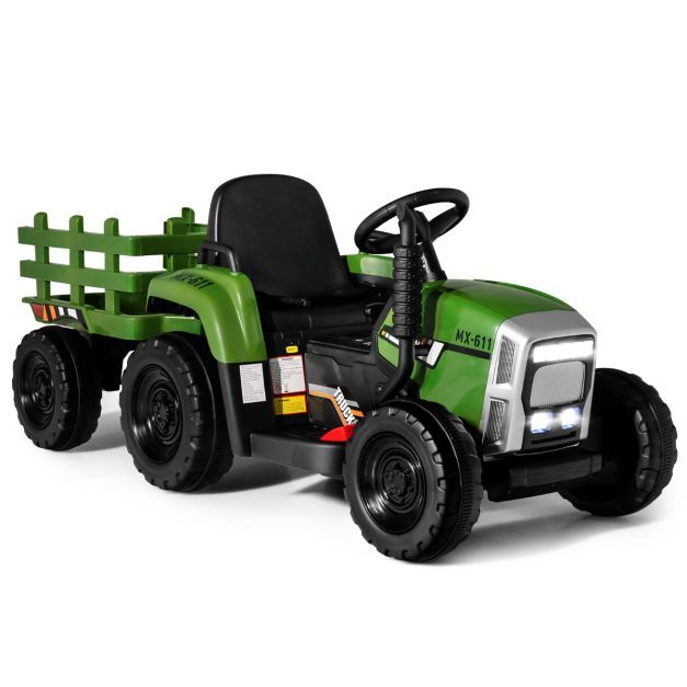 12V 3-Gang Traktor mit Abnehmbarem Anhänger &amp; 2,4G Fernbedienung Kinder Aufsitztraktor grün