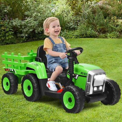 12V 3-Gang Traktor mit Abnehmbarem Anhänger & 2,4G Fernbedienung Kinder Aufsitztraktor grün