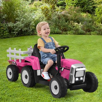 12V 3-Gang Traktor mit Abnehmbarem Anhänger & 2,4G Fernbedienung Kinder Aufsitztraktor rosa