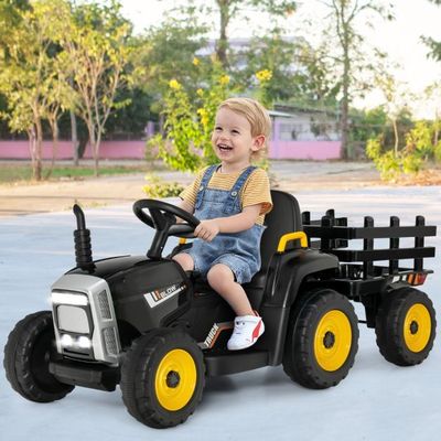 12V 3-Gang Traktor mit Abnehmbarem Anhänger &amp; 2,4G Fernbedienung Kinder Aufsitztraktor schwarz