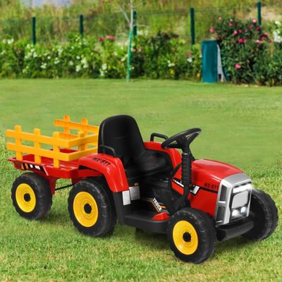 12V 3-Gang Traktor mit Abnehmbarem Anhänger & 2,4G Fernbedienung Kinder Aufsitztraktor rot