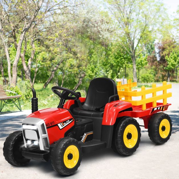 12V 3-Gang Traktor mit Abnehmbarem Anhänger &amp; 2,4G Fernbedienung Kinder Aufsitztraktor rot