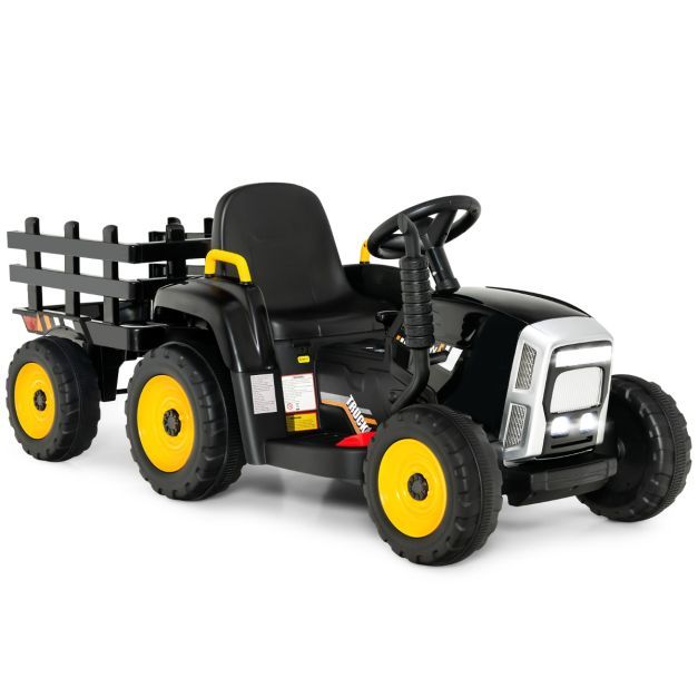 12V 3-Gang Traktor mit Abnehmbarem Anhänger &amp; 2,4G Fernbedienung Kinder Aufsitztraktor schwarz