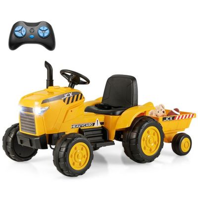 2 in 1 Kinder Elektrotraktor mit Anhänger &amp; Fernbedienung Elektrischer Trecker gelb