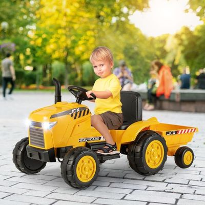 2 in 1 Kinder Elektrotraktor mit Anhänger & Fernbedienung Elektrischer Trecker gelb