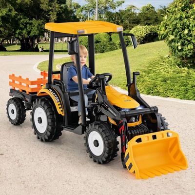 Elektrischer Kindertraktor / Bagger mit Anhänger &amp; Schaufel gelb