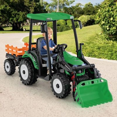 Elektrischer Kindertraktor / Bagger mit Anhänger &amp; Schaufel grün