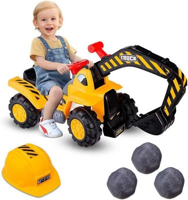 Sitzbagger mit Ablagefach, 3 Steine & Helm Kinderbagger Rutschauto Gelb