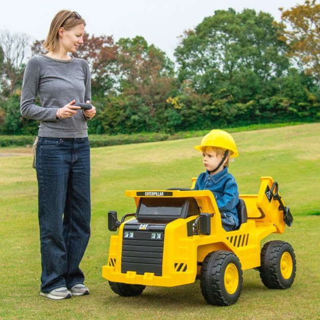 Kinder Caterpillar Elektroauto 12V Muldenkipper, Bagger mit Sandschaufel & Kippbett & Megafon