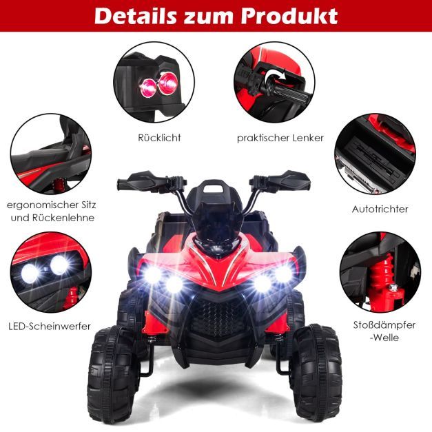12V Elektro 6-Räder Kinderquad mit Stauraum & LED-Lichtern Mini Elektroquad 3-6 km/h rot