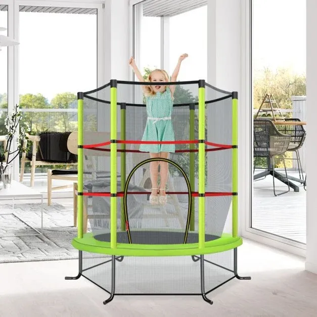 Ø140cm Gartentrampolin mit Sicherheitsnetz Trampolin bis 135KG Belastbar für Kinder ab 3 Jahre grün