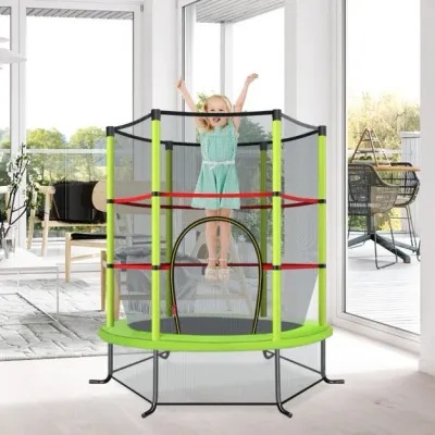 Ø140cm Gartentrampolin mit Sicherheitsnetz Trampolin bis 135KG Belastbar für Kinder ab 3 Jahre grün