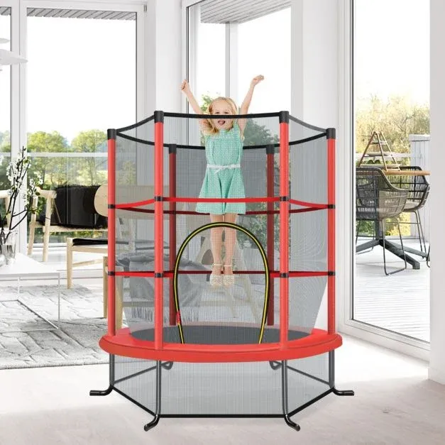 Ø140cm Gartentrampolin mit Sicherheitsnetz Trampolin bis 135KG Belastbar für Kinder ab 3 Jahre rot