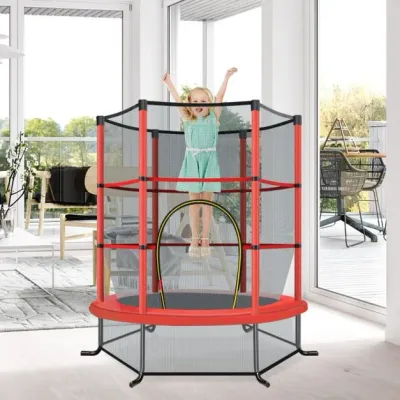 Ø140cm Gartentrampolin mit Sicherheitsnetz Trampolin bis 135KG Belastbar für Kinder ab 3 Jahre rot