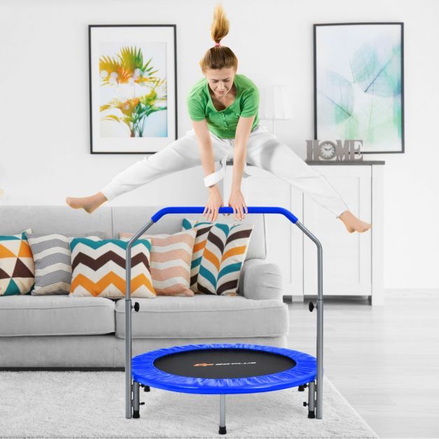 Ø101 cm klappbares Fitness-Mini-Trampoli mit höhenverstellbarem Haltegriff blau