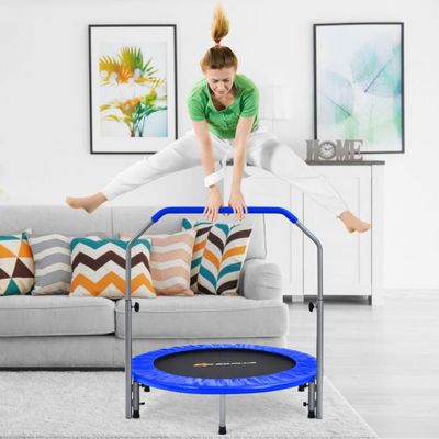 Ø101 cm klappbares Fitness-Mini-Trampoli mit höhenverstellbarem Haltegriff blau