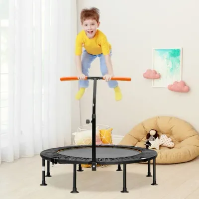 Ø 117cm Klappbares Mini Trampolin mit höhenverstellbarem Griff Kindertrampolin orange