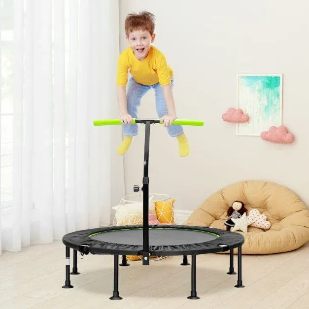 Ø 117cm Klappbares Mini Trampolin mit höhenverstellbarem Griff Kindertrampolin grün