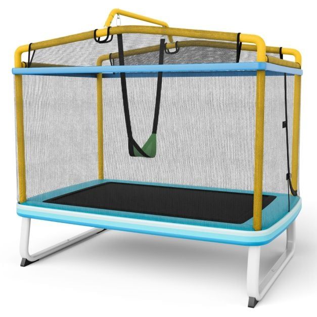 Rechteckiges 3-in-1-Trampolin für Kinder 190 x 124 cm mit Netz Blau + Gelb