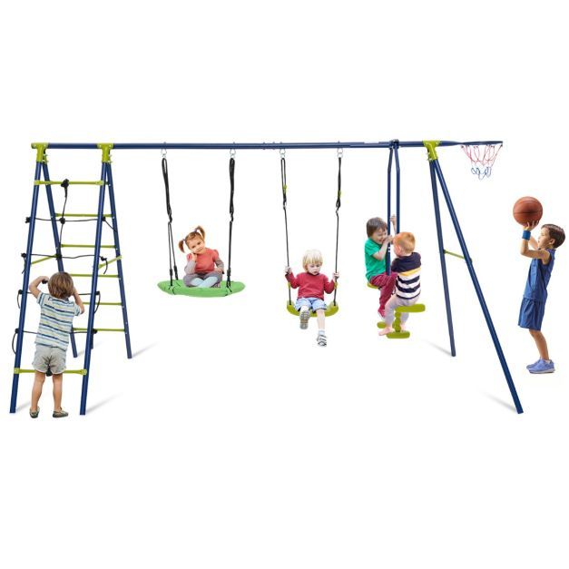 6-in-1-Schaukelset mit 2 Schaukeln Gleitersitzen Kletternetz Kletterleiter und Basketballkorb grün blau