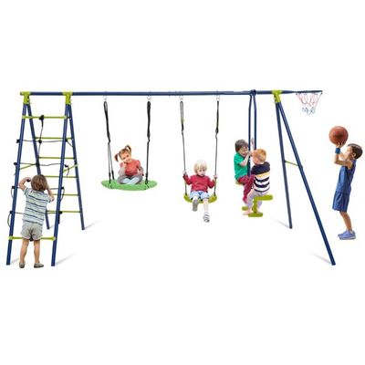 6-in-1-Schaukelset mit 2 Schaukeln Gleitersitzen Kletternetz Kletterleiter und Basketballkorb grün blau