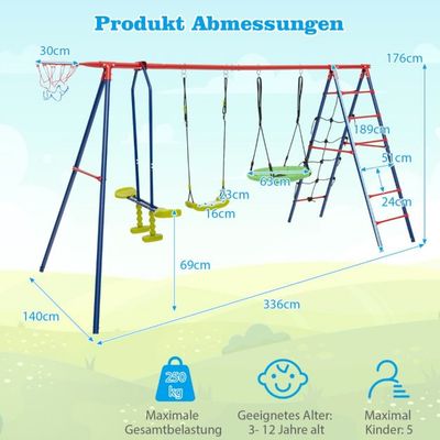 6-in-1-Schaukelset mit 2 Schaukeln Gleitersitzen Kletternetz Kletterleiter und Basketballkorb rot blau