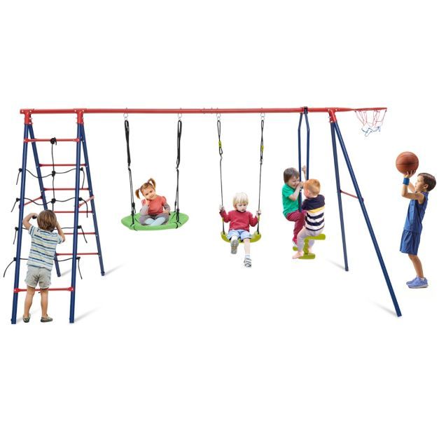 6-in-1-Schaukelset mit 2 Schaukeln Gleitersitzen Kletternetz Kletterleiter und Basketballkorb rot blau