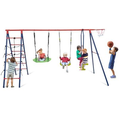 6-in-1-Schaukelset mit 2 Schaukeln Gleitersitzen Kletternetz Kletterleiter und Basketballkorb rot blau