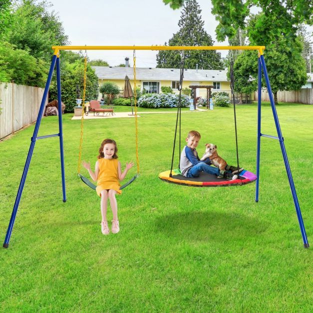 Schaukelgestell mit A-Rahmen Doppelschaukel Metallahmen 249 x 185 x 181,5 cm Blau + Gelb