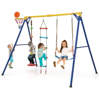 Schaukelgestell mit Basketballkorb, Seilschaukel, Kletterleiter Gelb + Blau