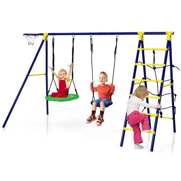 5 in 1 Schaukelset mit 2 Schaukeln Basketballkorb Kletternetz &amp; Kletterleiter Kletter &amp; Schaukelkombination Blau