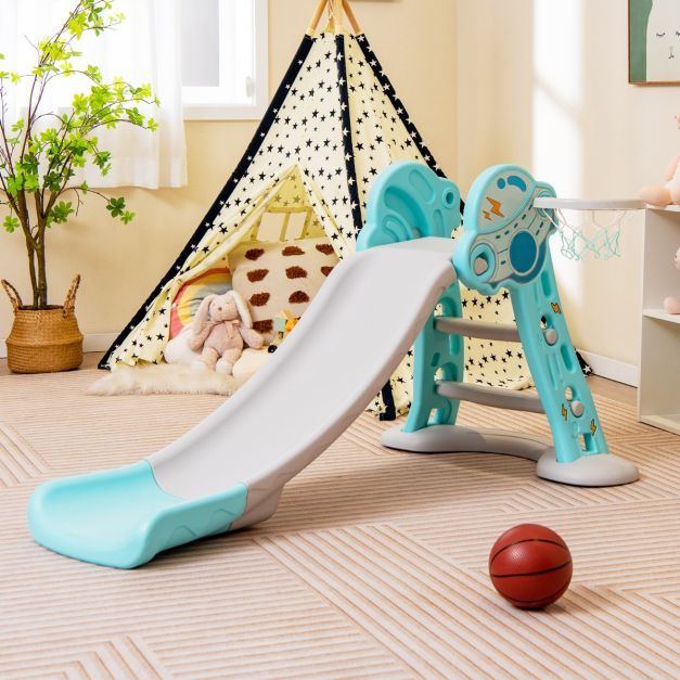 3 in 1 Kinderrutsche &amp; Leiter &amp; Basketballkorb Klappbares Rutschenspielset Blau