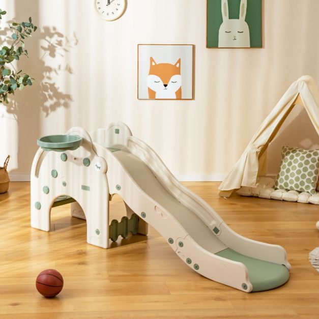 4 in 1 Kinder Rutsche &amp; Tunnel &amp; Basketballkorb &amp; Leiter 187,5 x 75 x 77,5 cm Grün