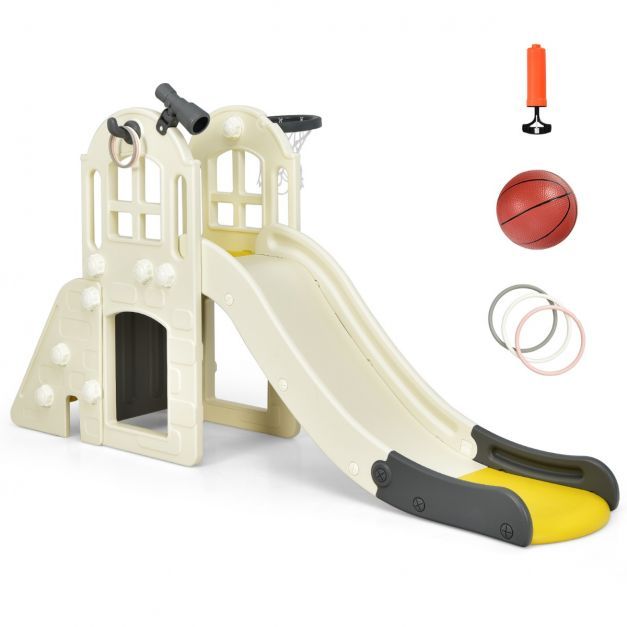 Kinderrutsche Kletterrutsche mit Basketballkorb Ball Wurfringen und Teleskop gelb