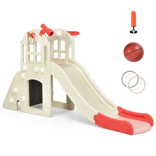 Kinderrutsche Kletterrutsche mit Basketballkorb Ball Wurfringen und Teleskop Rosa