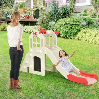 Kinderrutsche Kletterrutsche mit Basketballkorb Ball Wurfringen und Teleskop Rosa