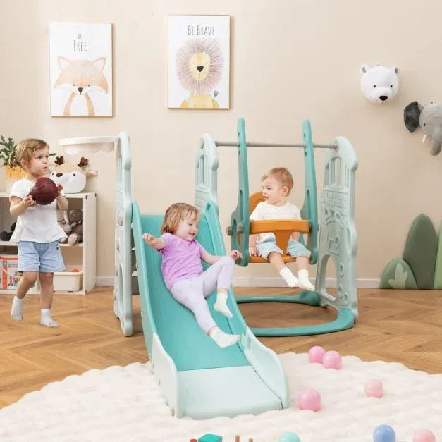 Kinderschaukel mit höhenverstellbarer Babyrutsche 4 in 1 Schaukel &amp; Rutsche &amp; Basketballkorb &amp; Leiter Grün