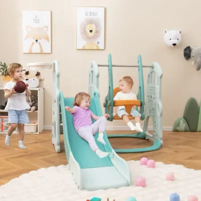 Kinderschaukel mit höhenverstellbarer Babyrutsche 4 in 1 Schaukel &amp; Rutsche &amp; Basketballkorb &amp; Leiter Grün