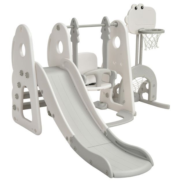 6 in 1 Kinder Spielplatz, Kinder Rutsche &amp; Schaukel &amp; Basketballkorb &amp; Leiter &amp; Fussballtor &amp; Golfloch weiss